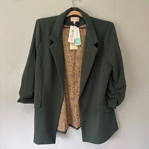 Skies Are Blue Green Blazer with Ruched Sleeves and Textured Lining